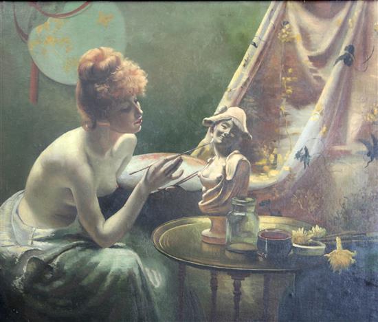English School Topless artist painting a bust, 21 x 24in.